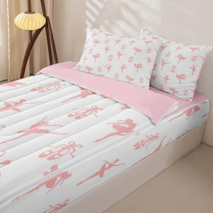 Pink White Ballet Zipper Bedding Set Twin Size Kids Comforter with Pillowcases