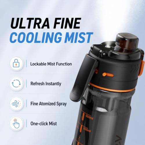 24 OZ Misting Water Bottle for Sports and Outdoor Activities - Black