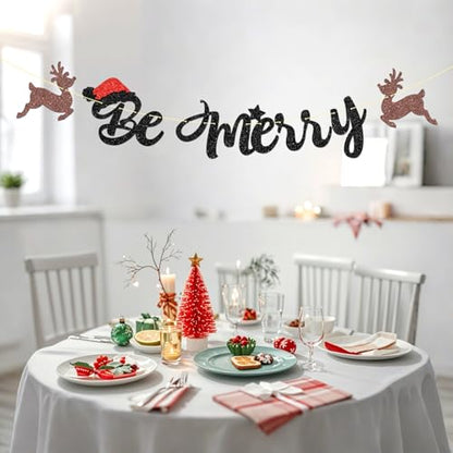 Festive Merry Christmas Banner with Glitter Elk and Tree Sign for Holiday Decor