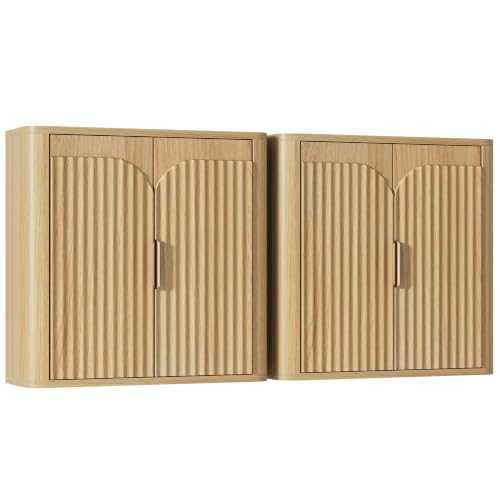 Vividwood Fluted Wall Mounted Bathroom Cabinet Set of 2 with Adjustable Shelves - Modern Over Toilet Storage for Laundry, Kitchen, Living Room - Natural Finish