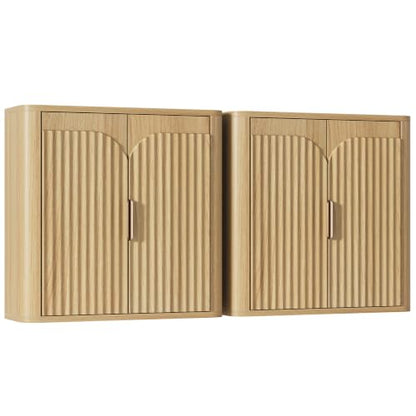 Vividwood Fluted Wall Mounted Bathroom Cabinet Set of 2 with Adjustable Shelves - Modern Over Toilet Storage for Laundry, Kitchen, Living Room - Natural Finish