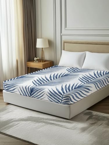 King Size Flat Sheet Navy Blue with Palm Leaves - 105x98 Microfiber Bedding