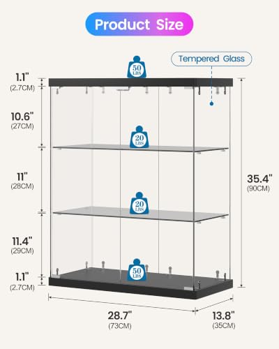 Black 3-Tier Glass Display Cabinet with RGB LED Lights and Charging Station