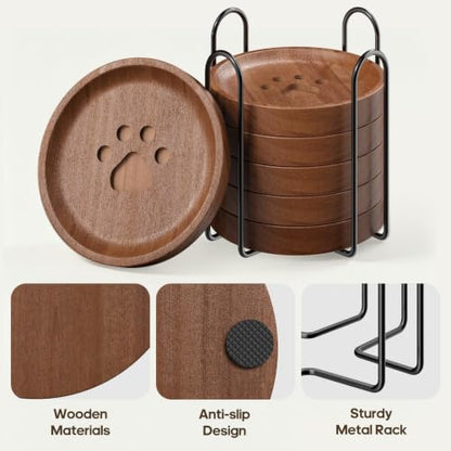 Wood Coasters Set of 6 with Holder - Rustic Drink Protectors