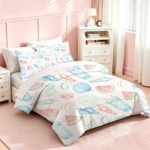 Girls Watercolor Seashell Watermelon Comforter Set Twin - Summer Vibe