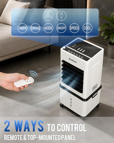 Portable Evaporative Air Cooler with Humidifier - 3 Gallon Water Tank, 10 Ice Packs, 6 Speeds & Remote