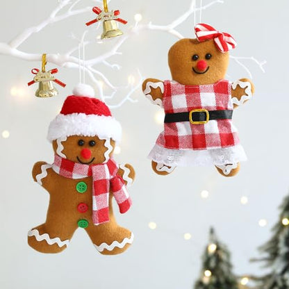Gingerbread Man Ornaments Set - 4 Christmas Tree Decorations, 5.7 Inch & 6.8 Inch Tall, Holiday Decor