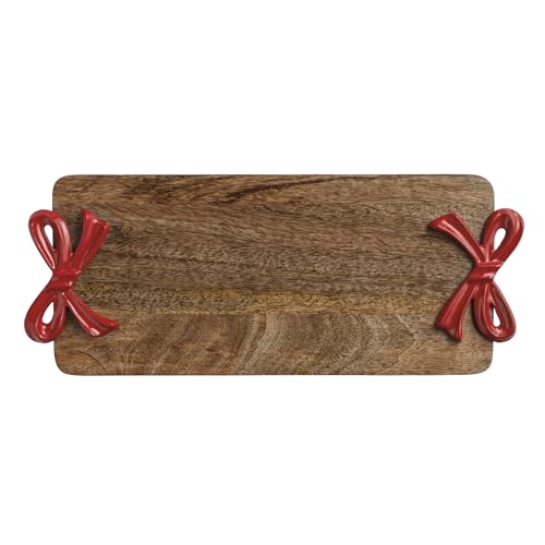 Christmas Red Bow Mango Wood Serving Board with Handles - Holiday Entertaining Tray