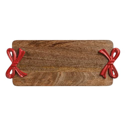 Christmas Red Bow Mango Wood Serving Board with Handles - Holiday Entertaining Tray