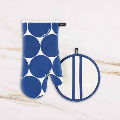Kate Spade New York Joy Dot Oven Mitt & Pot Grabber 2-Pack Set, 7" x 13", 8" Round, Navy Blue/Cream