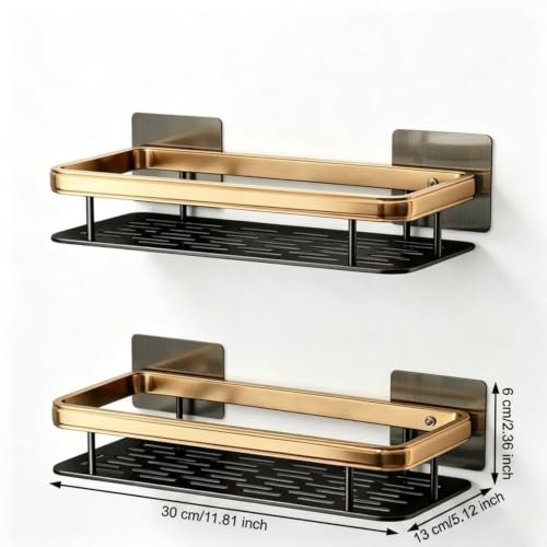 Wall Mounted Bathroom Shelf No Drill Black Gold Aluminum Vanity Organizer