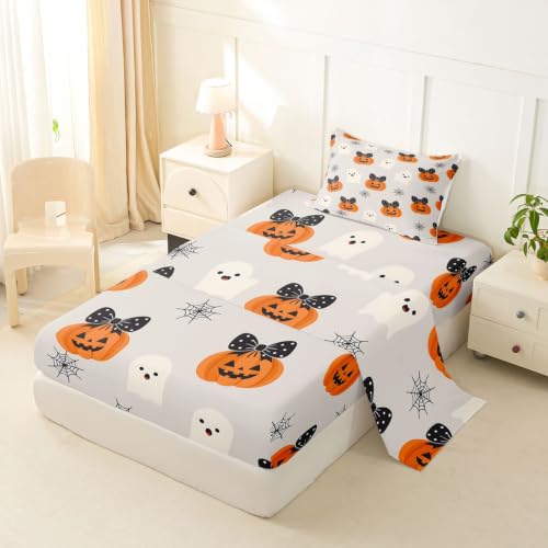White Pumpkin Bed Sheets Set Twin Size Halloween Microfiber Deep Pocket Fitted Sheet