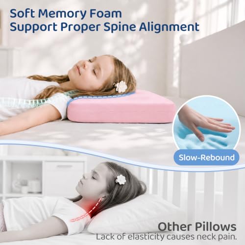 Adjustable Kids Pillow with Memory Foam & Cooling Nylon Cover - Pink 13x22