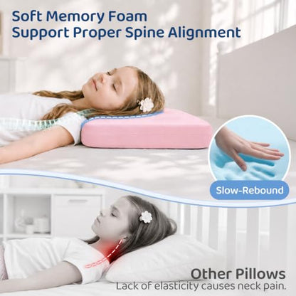 Adjustable Kids Pillow with Memory Foam & Cooling Nylon Cover - Pink 13x22