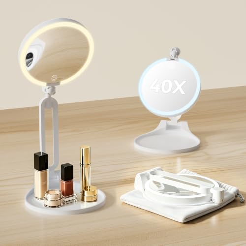 Travel Makeup Mirror with Lights 1X/40X Magnification and Adjustable Color Illumination