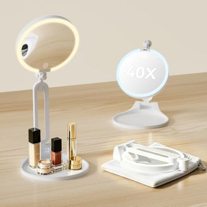 Travel Makeup Mirror with Lights 1X/40X Magnification and Adjustable Color Illumination