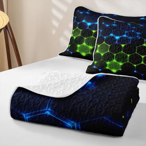 Castle Fairy 3D Honeycomb Block Quilt Set Twin Size Neon Blue Green with Pillow Sham - Geometric Kids Bedding