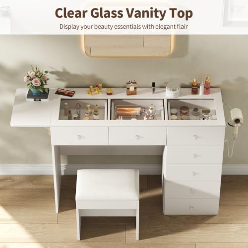 Vanity Desk with Drop Leaf Glass Top — 7-Drawer Wood Dressing Table with Charging Station, Stool, 43.3"