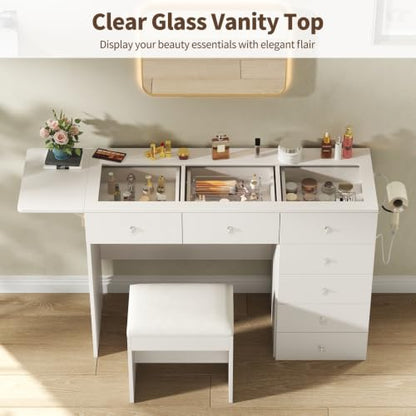 Vanity Desk with Drop Leaf Glass Top — 7-Drawer Wood Dressing Table with Charging Station, Stool, 43.3"
