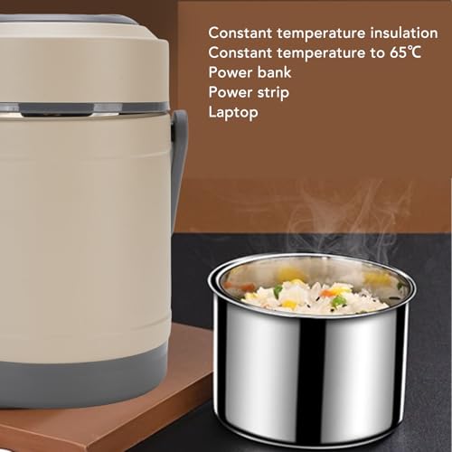 AYNEFY Electric Lunch Box,2L Stainless Steel Portable Electric Food Warmer Bucket Thermal Heat Preservation Pot Thermal Lunch Container for Travel Dorm Office Work (Beige)