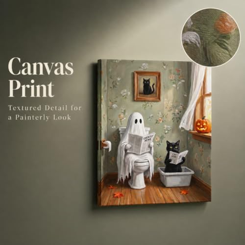 Halloween Ghost Cat Bathroom Wall Art Canvas Print - Framed Decorative Picture 16x12 in