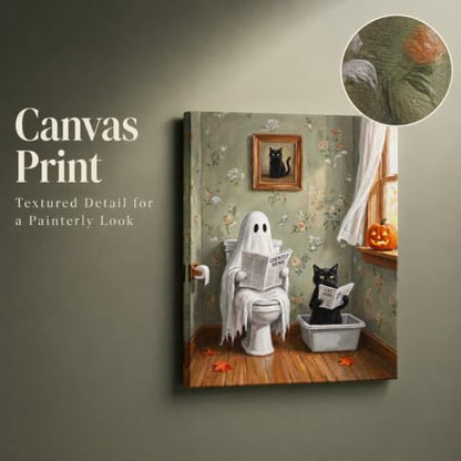 Halloween Ghost Cat Bathroom Wall Art Canvas Print - Framed Decorative Picture 16x12 in