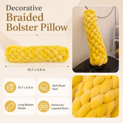 Chunky Braided Plush Bolster Pillow - Long Round Decorative Cushion for Sofa Bed Chair