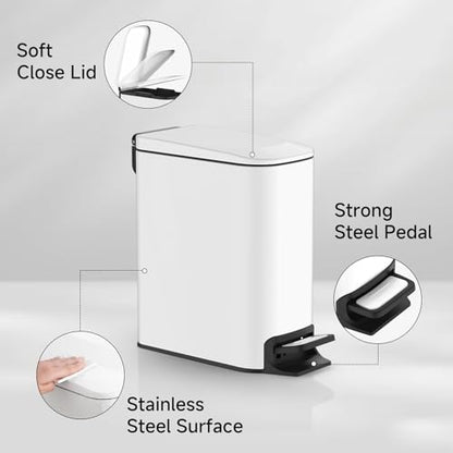TIPGO Slim Bathroom Trash Can with Lid Soft Close, 6 Liter / 1.6 Gallon Stainless Steel Garbage Can with Removable Inner Bucket, Step Pedal, Small Trash Cans for Bedroom, Office, Kitchen (Black Gold)