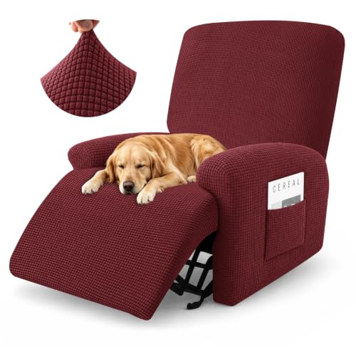 3-Piece Recliner Chair Cover Set with Elastic Bottom & Side Pocket - Washable Furniture Protector for Pets & Kids, Wine Red
