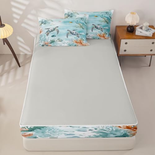 Kids Ocean Beach Zipper Bedding Set Queen Light Blue Grey - Microfiber Comforter & Fitted Sheet