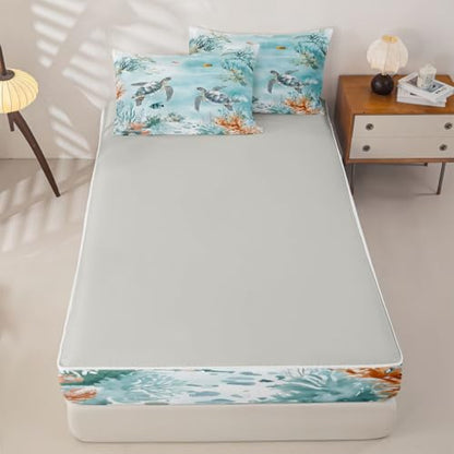 Kids Ocean Beach Zipper Bedding Set Queen Light Blue Grey - Microfiber Comforter & Fitted Sheet