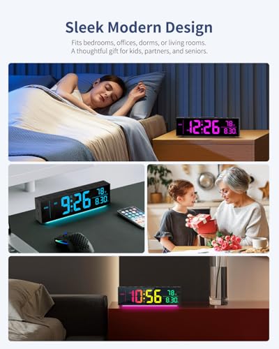 Digital Wall Clock with Color Options, Date, Temperature & Nightlight