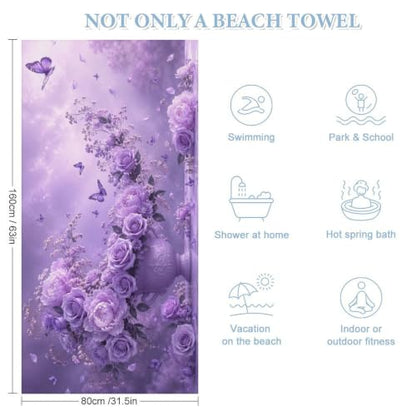 Lavender Blooms and Fluttering Butterflies Oversized Beach Towel 63x31.5 Inches - Soft Absorbent Travel-Ready Bath Towel
