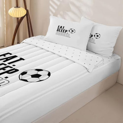 Kids Rugby Football Comforter Set - Queen Size, White & Black, 3-Piece