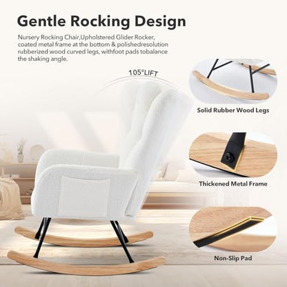 Beige Upholstered Glider Rocking Chair with High Backrest - Ideal for Nursery and Living Room