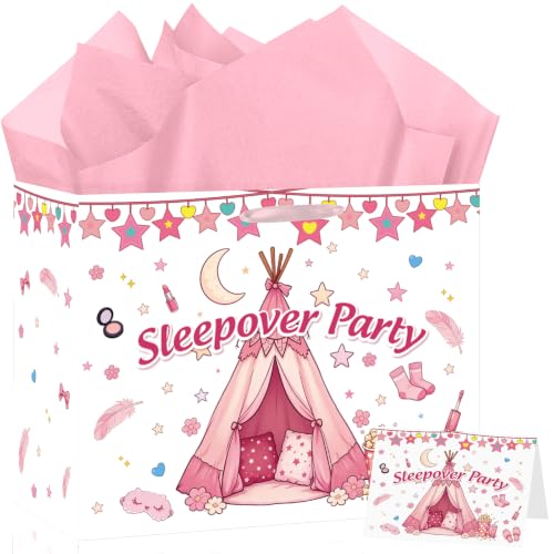 Pink Sleepover Party Gift Bag with Wrapping Paper and Card for Girls Teens