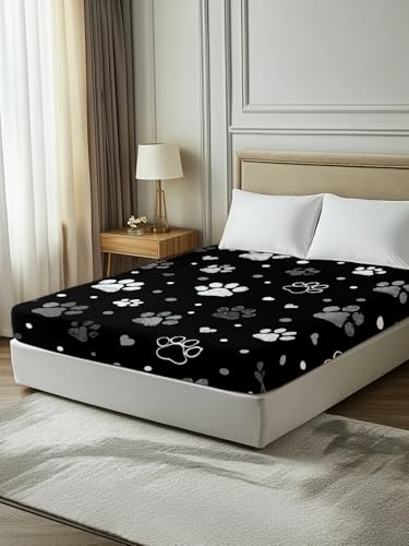 Queen Size Flat Sheet Only - Black, Charcoal, Dark Gray, White Dog Paw Prints Microfiber Bed Sheet