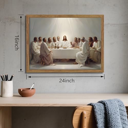 24x16 Inch Framed Last Supper Christian Wall Art Canvas Print - Jesus & Disciples Religious Decor