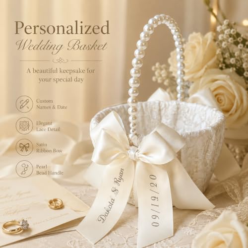 Personalized Flower Girl Basket with Lace & Pearls for Wedding Ceremony