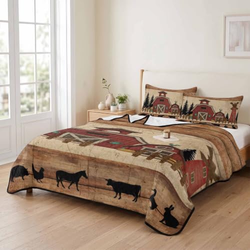 Brown Full Quilt Bedding Set with 2 Pillow Shams - Farmhouse Windmill Design