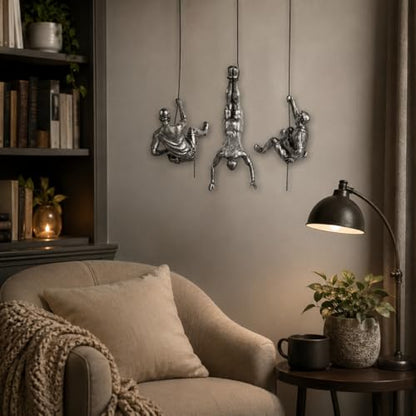 Silver Climbing Men Wall Art Sculpture - Modern Home & Office Decor - Set of 3