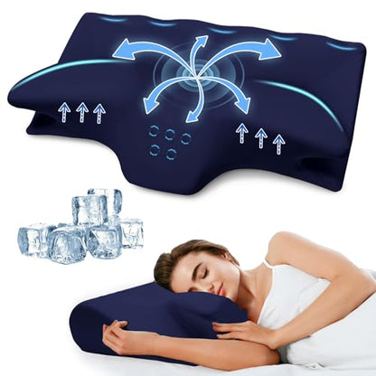 Cooling Memory Foam Neck Pillow with Support Armrests - Orthopedic Contour Bed Pillow for Side Back Stomach Sleepers, Navy