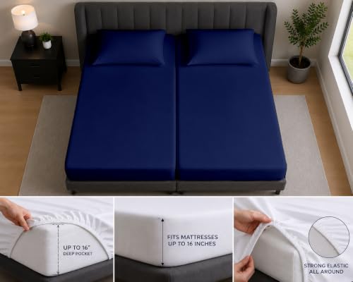 Navy Blue Split Queen Fitted Sheet Set - 12-Inch Deep Pocket, 2 Sheets & Pillowcases