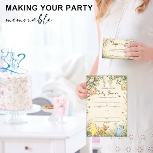 Winnie Baby Shower Invitations Set with Diaper Raffle & Book Request Cards