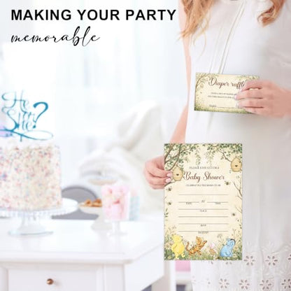 Winnie Baby Shower Invitations Set with Diaper Raffle & Book Request Cards