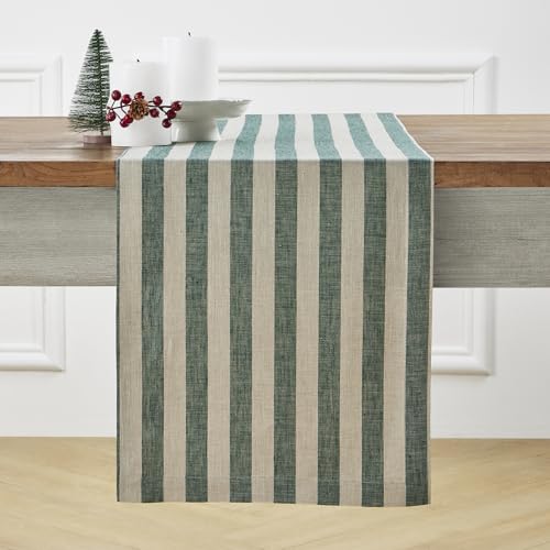 Solino Home 100% Linen Table Runner 14x144 in - Hunter Green & Natural Stripes