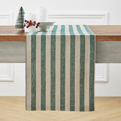 Solino Home 100% Linen Table Runner 14x144 in - Hunter Green & Natural Stripes