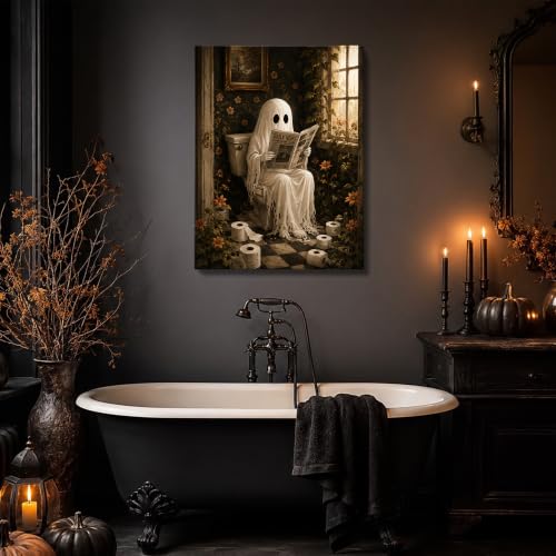 Halloween Canvas Wall Art Ghost Reading Bathroom - 8x10 Inches - Karani
