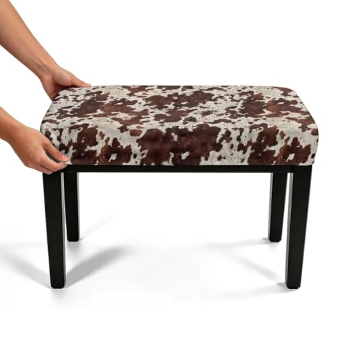 Dark Brown Cow Print Piano Stool Cover Small Slipcover with Bottom Straps