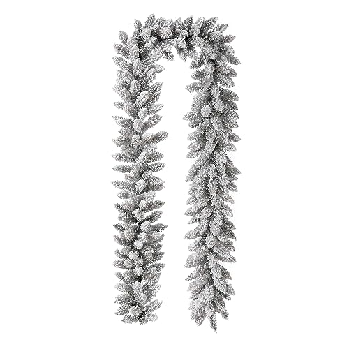 Snow Flocked Christmas Garland 9ft with Warm White LED Lights & Timer - Indoor Outdoor Decor